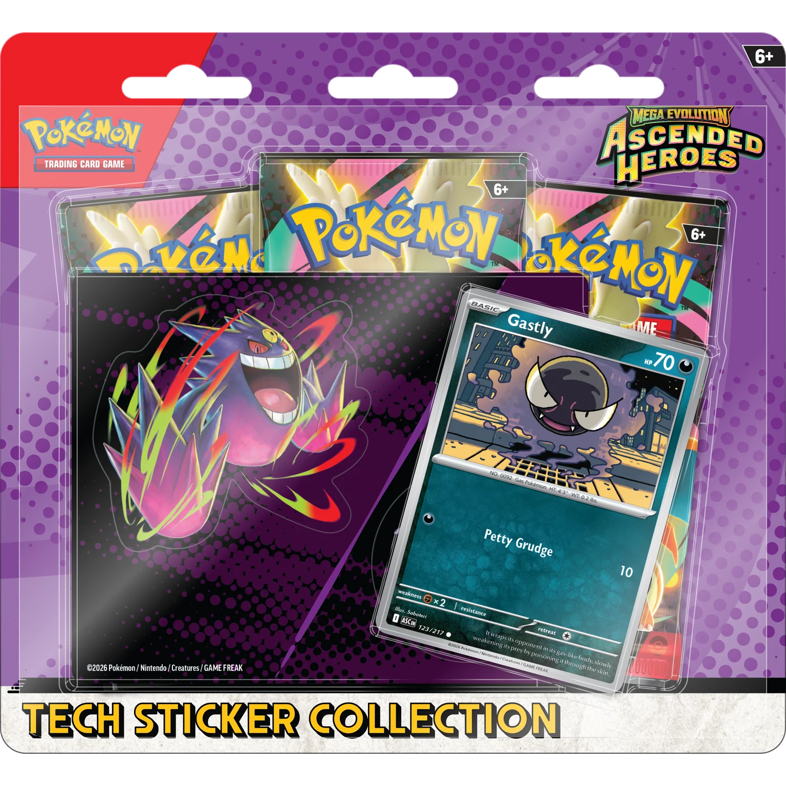 Pokemon TCG: Ascended Heroes Tech Sticker Collection Gastly (3 Booster Packs + Promo + Sticker)
