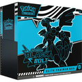 Pokémon Scarlet & Violet Black Bolt Elite Trainer Box with Unova Pokémon artwork, Zekrom ex, Meloetta ex, booster packs, card sleeves, and accessories.