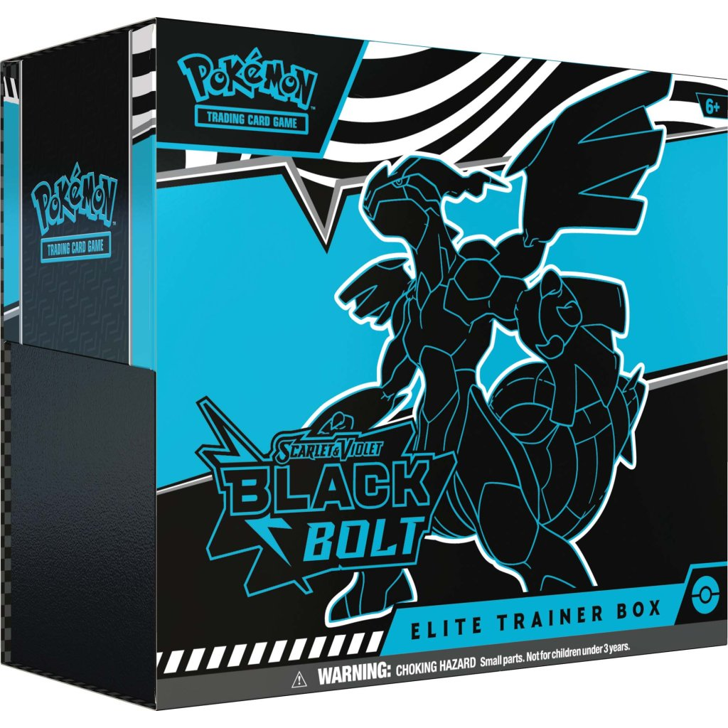 Pokémon Scarlet & Violet Black Bolt Elite Trainer Box with Unova Pokémon artwork, Zekrom ex, Meloetta ex, booster packs, card sleeves, and accessories.