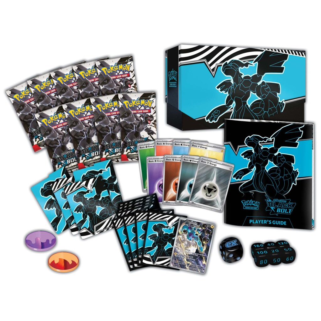 Pokémon Scarlet & Violet Black Bolt Elite Trainer Box with Unova Pokémon artwork, Zekrom ex, Meloetta ex, booster packs, card sleeves, and accessories.