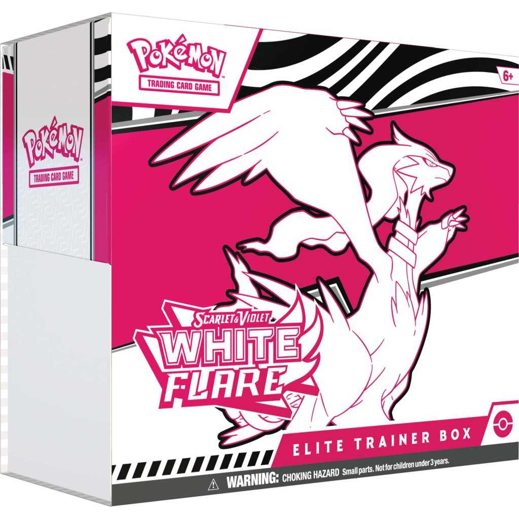 Pokémon Scarlet & Violet White Flare Elite Trainer Box with Unova Pokémon artwork, Reshiram ex, Keldeo ex, booster packs, card sleeves, and game accessories.