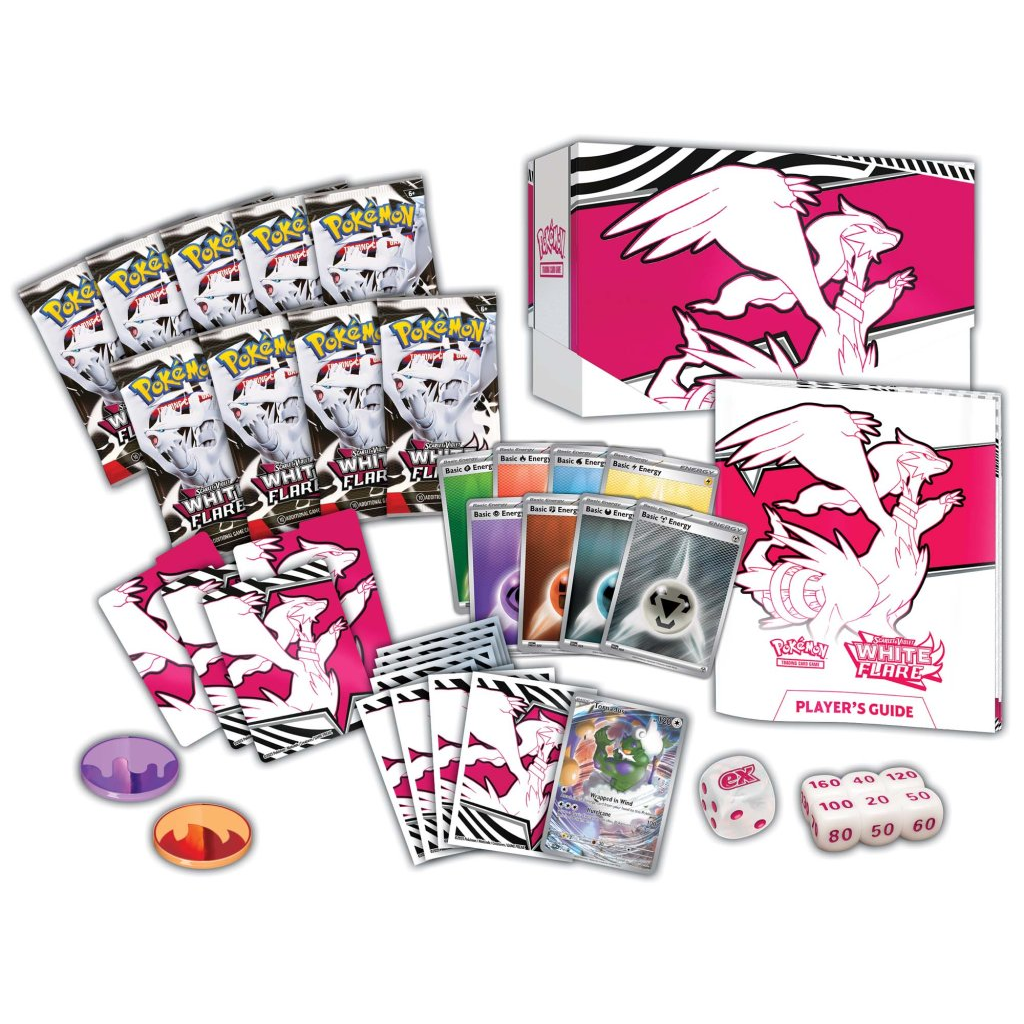Pokémon Scarlet & Violet White Flare Elite Trainer Box with Unova Pokémon artwork, Reshiram ex, Keldeo ex, booster packs, card sleeves, and game accessories.