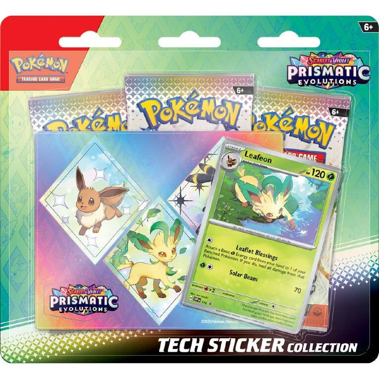 Pokémon TCG: Prismatic Evolutions Tech Sticker Collection with Leafeon, Glaceon, or Sylveon promo, stickers & 3 booster packs. Shipped from NZ with AU delivery.
