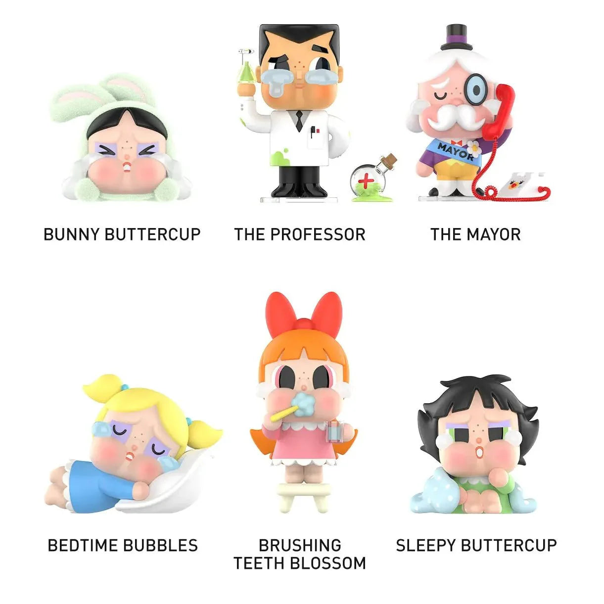 POP MART CryBaby x Powerpuff Girls Blind Box whole set — vinyl figure lineup featuring Blossom, Bubbles and Buttercup.