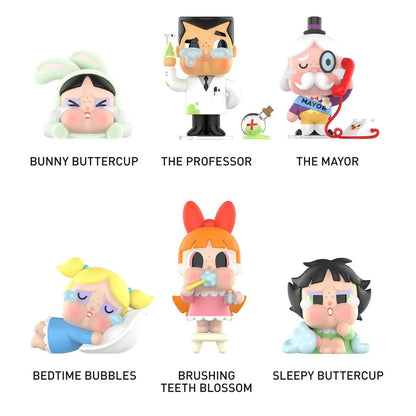 POP MART CryBaby x Powerpuff Girls Blind Box whole set — vinyl figure lineup featuring Blossom, Bubbles and Buttercup.
