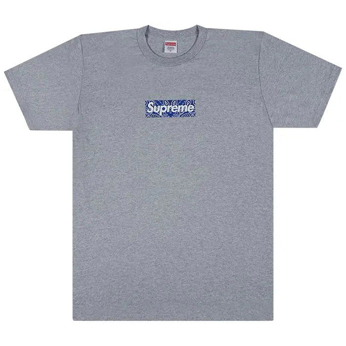 Supreme FW19 grey t-shirt with bold bandana box logo on chest, classic crewneck style, and regular fit for timeless streetwear appeal