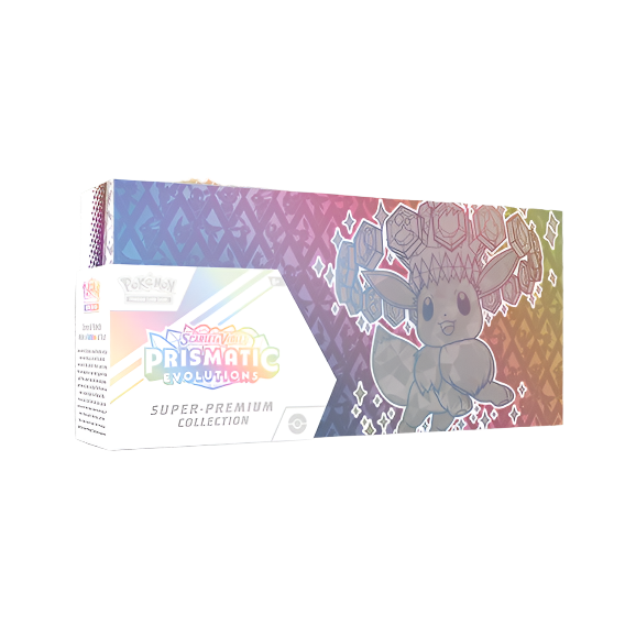 Pokémon Prismatic Evolutions Super Premium Collection box with Eevee promo, playmat, sleeves, and booster packs—ideal for collectors and TCG players