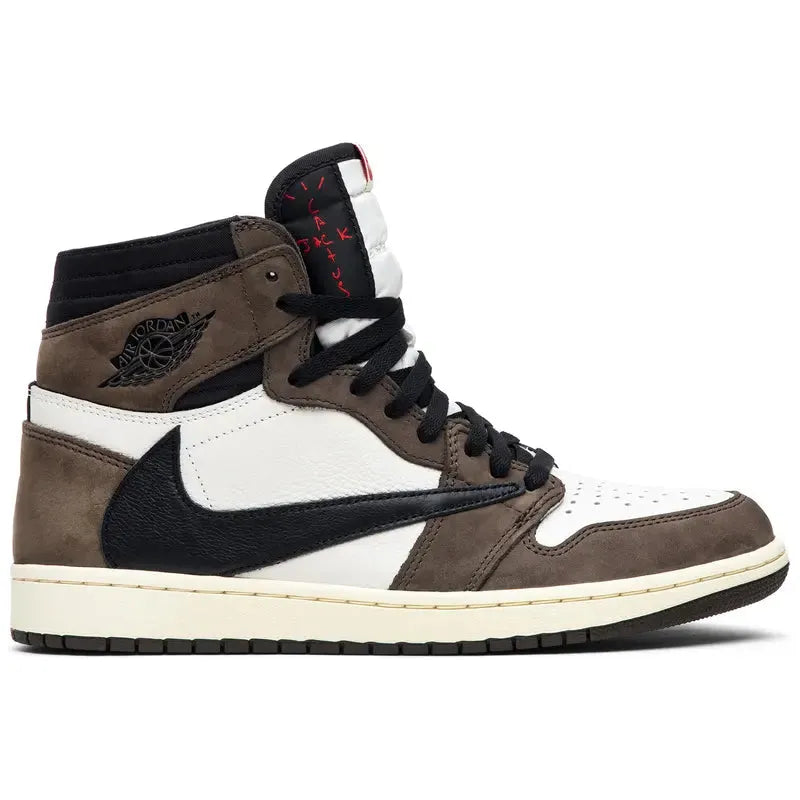 Travis Scott x Air Jordan 1 Retro High in brown suede and white leather with reversed Swoosh, heel logo, and double-layered collar. Ships from NZ with AU shipping.