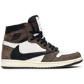 Travis Scott x Air Jordan 1 Retro High in brown suede and white leather with reversed Swoosh, heel logo, and double-layered collar. Ships from NZ with AU shipping.