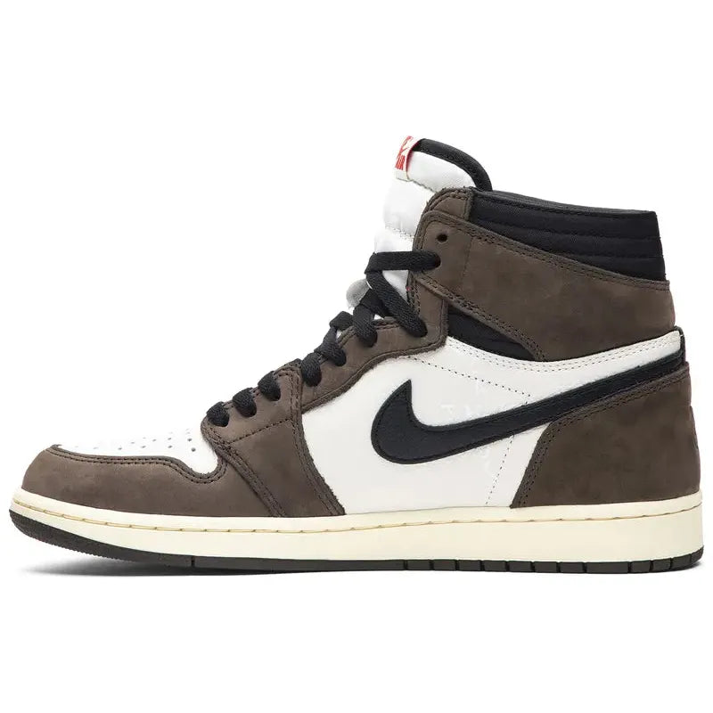 Travis Scott x Air Jordan 1 Retro High in brown suede and white leather with reversed Swoosh, heel logo, and double-layered collar. Ships from NZ with AU shipping.