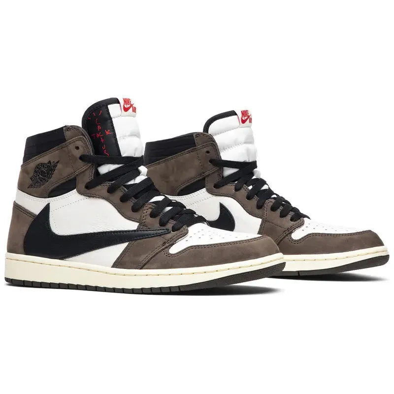 Travis Scott x Air Jordan 1 Retro High in brown suede and white leather with reversed Swoosh, heel logo, and double-layered collar. Ships from NZ with AU shipping.
