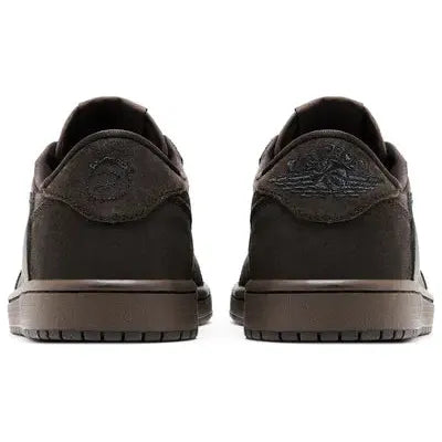 Travis Scott x Air Jordan 1 Retro Low OG 'Velvet Brown' with brown suede, black leather, reverse Swoosh, mismatched heel logos, and stitched brown rubber sole.