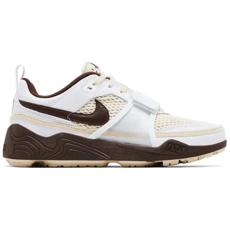 Travis Scott x Nike Zoom Field Jaxx 'Light Chocolate' with cream mesh upper, white leather overlays, brown accents, and wavy brown foam midsole