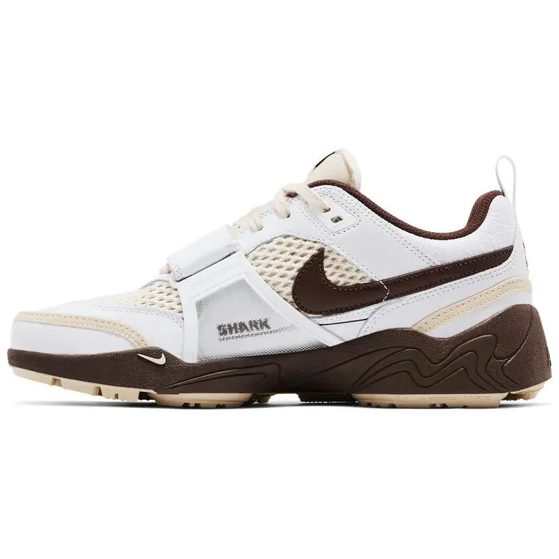 Travis Scott x Nike Zoom Field Jaxx 'Light Chocolate' with cream mesh upper, white leather overlays, brown accents, and wavy brown foam midsole