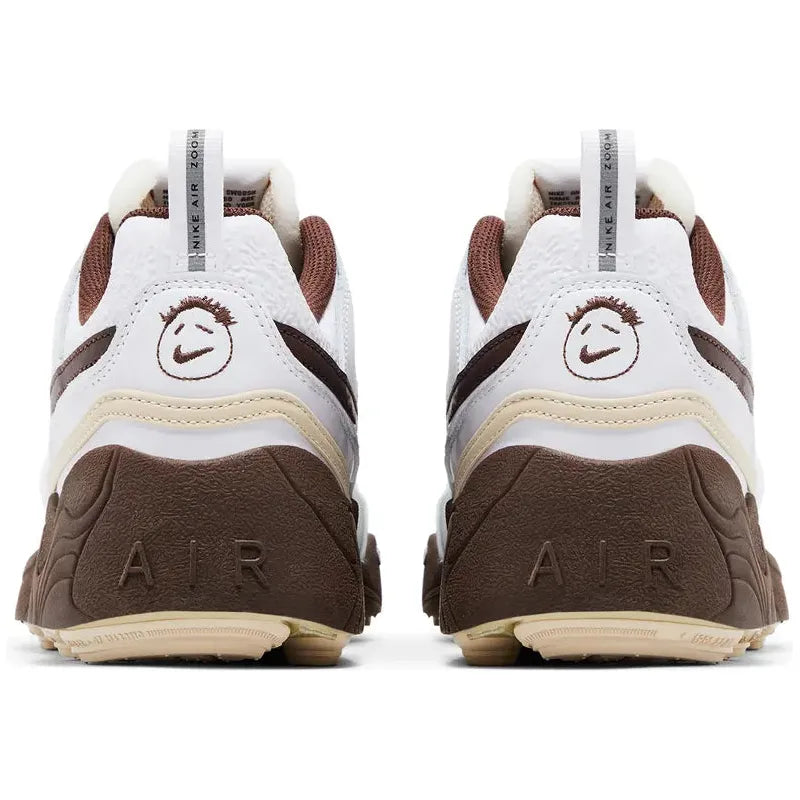 Travis Scott x Nike Zoom Field Jaxx 'Light Chocolate' with cream mesh upper, white leather overlays, brown accents, and wavy brown foam midsole