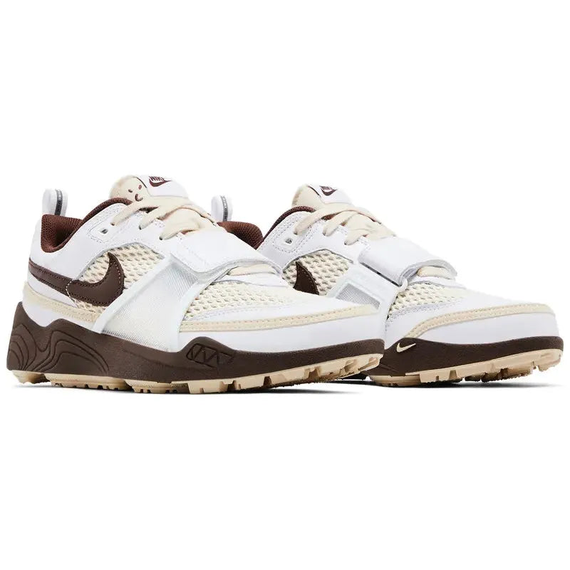 Travis Scott x Nike Zoom Field Jaxx 'Light Chocolate' with cream mesh upper, white leather overlays, brown accents, and wavy brown foam midsole