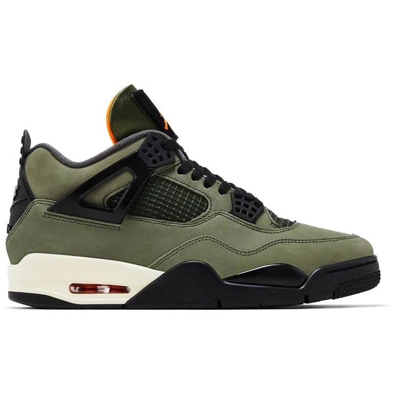 Undefeated x Air Jordan 4 (2025 reissue) in olive nubuck with black wings/eyelets, Nike Air heel tab, orange lining, Velcro tongue patches, off-white midsole, visible heel Air unit.