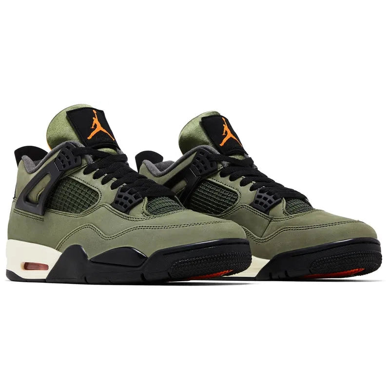 Undefeated x Air Jordan 4 (2025 reissue) in olive nubuck with black wings/eyelets, Nike Air heel tab, orange lining, Velcro tongue patches, off-white midsole, visible heel Air unit.
