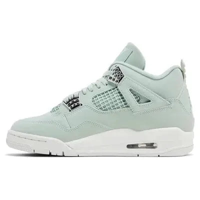 Women’s Air Jordan 4 Retro 'Seafoam' with pale green leather upper, silver eyelets, tonal Jumpman logos, breathable mesh panels, and off-white midsole with visible Air unit.