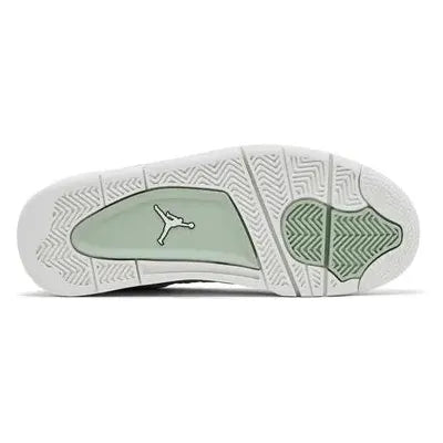 Women’s Air Jordan 4 Retro 'Seafoam' with pale green leather upper, silver eyelets, tonal Jumpman logos, breathable mesh panels, and off-white midsole with visible Air unit.