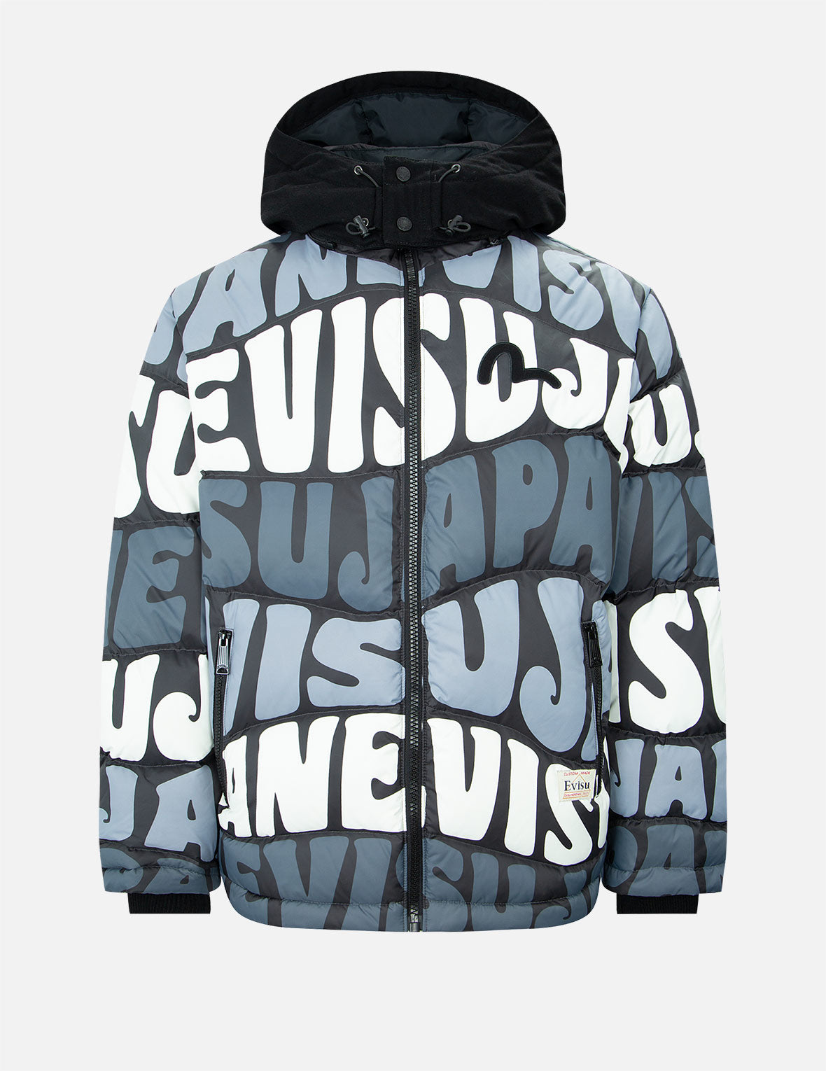 EVISU ALLOVER WAVY TEXT PRINT DOWN JACKET