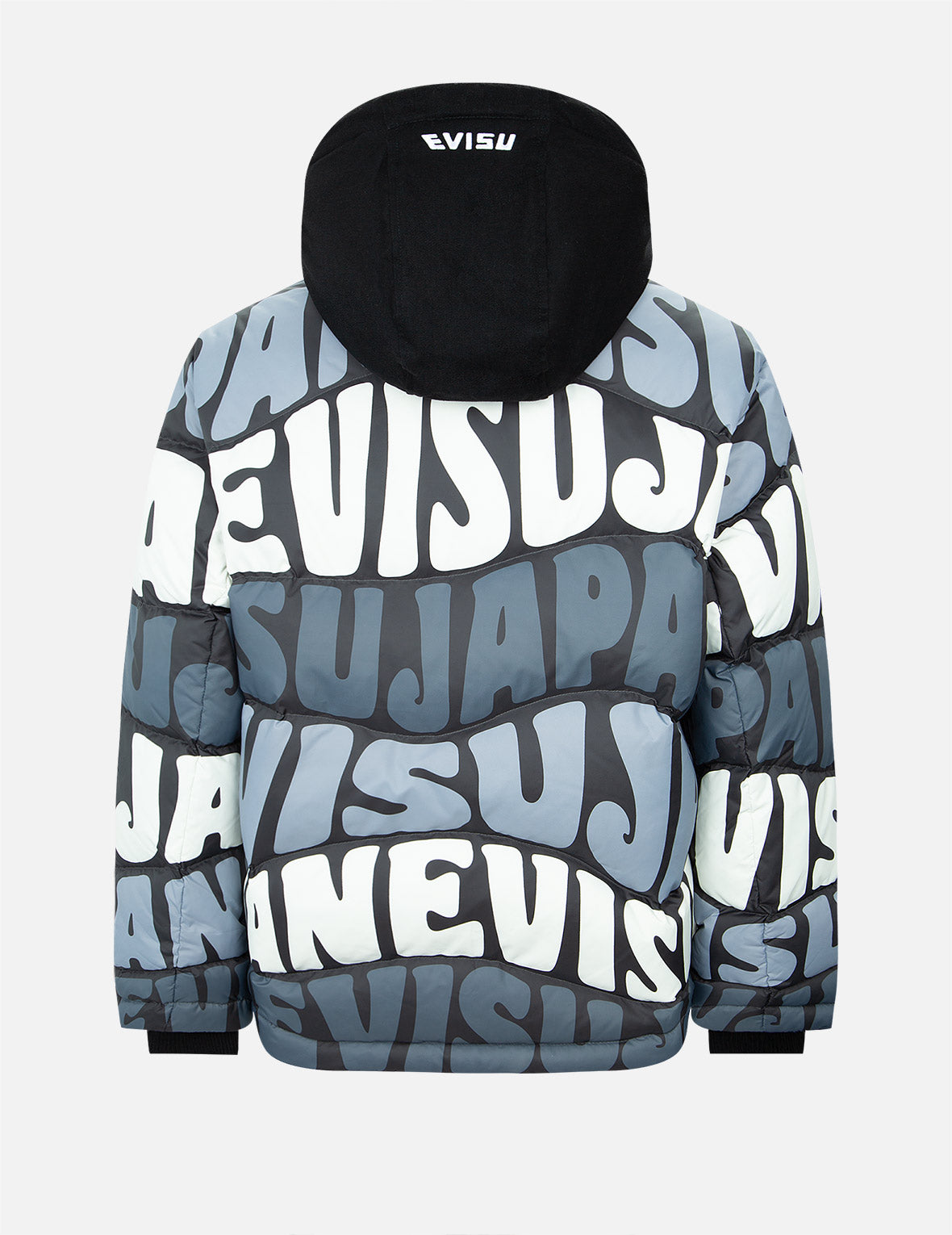 EVISU ALLOVER WAVY TEXT PRINT DOWN JACKET