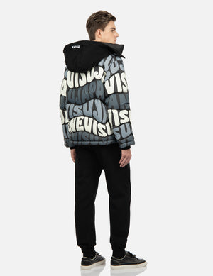 EVISU ALLOVER WAVY TEXT PRINT DOWN JACKET