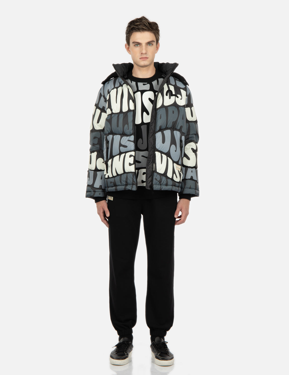 EVISU ALLOVER WAVY TEXT PRINT DOWN JACKET