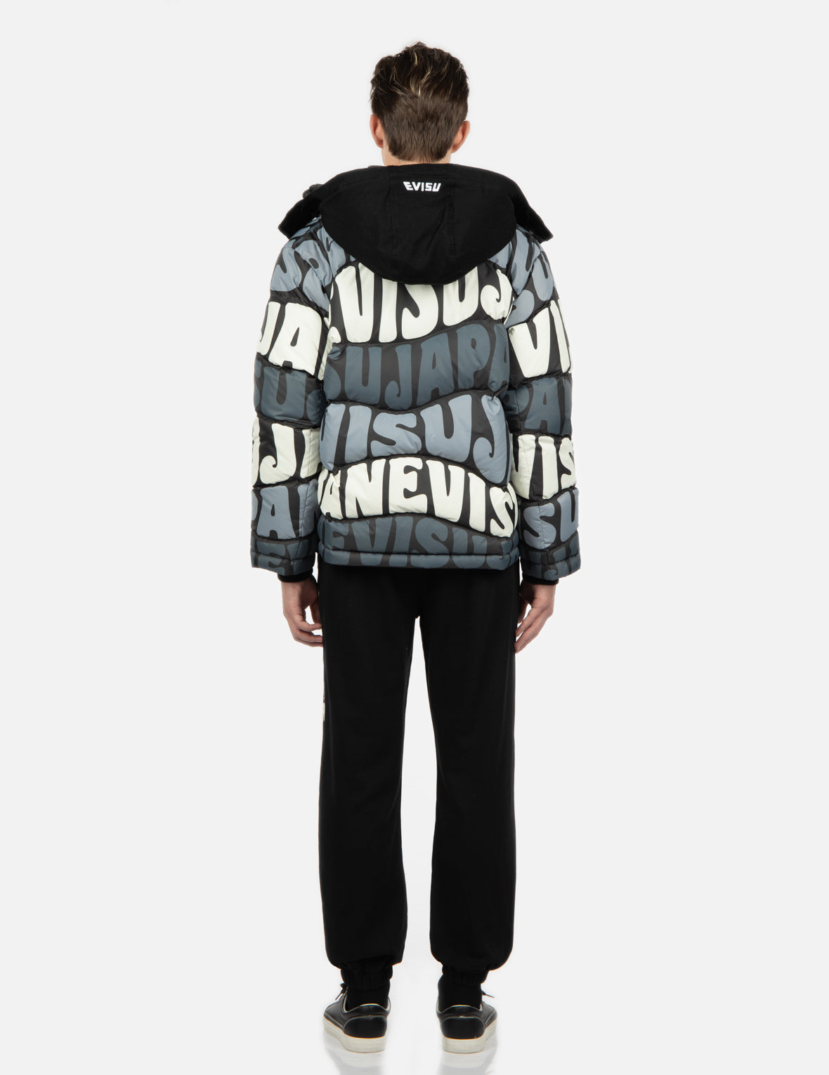 EVISU ALLOVER WAVY TEXT PRINT DOWN JACKET