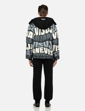 EVISU ALLOVER WAVY TEXT PRINT DOWN JACKET