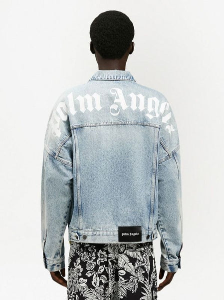 logo-print denim trucker jacket in blue - Palm Angels® Official