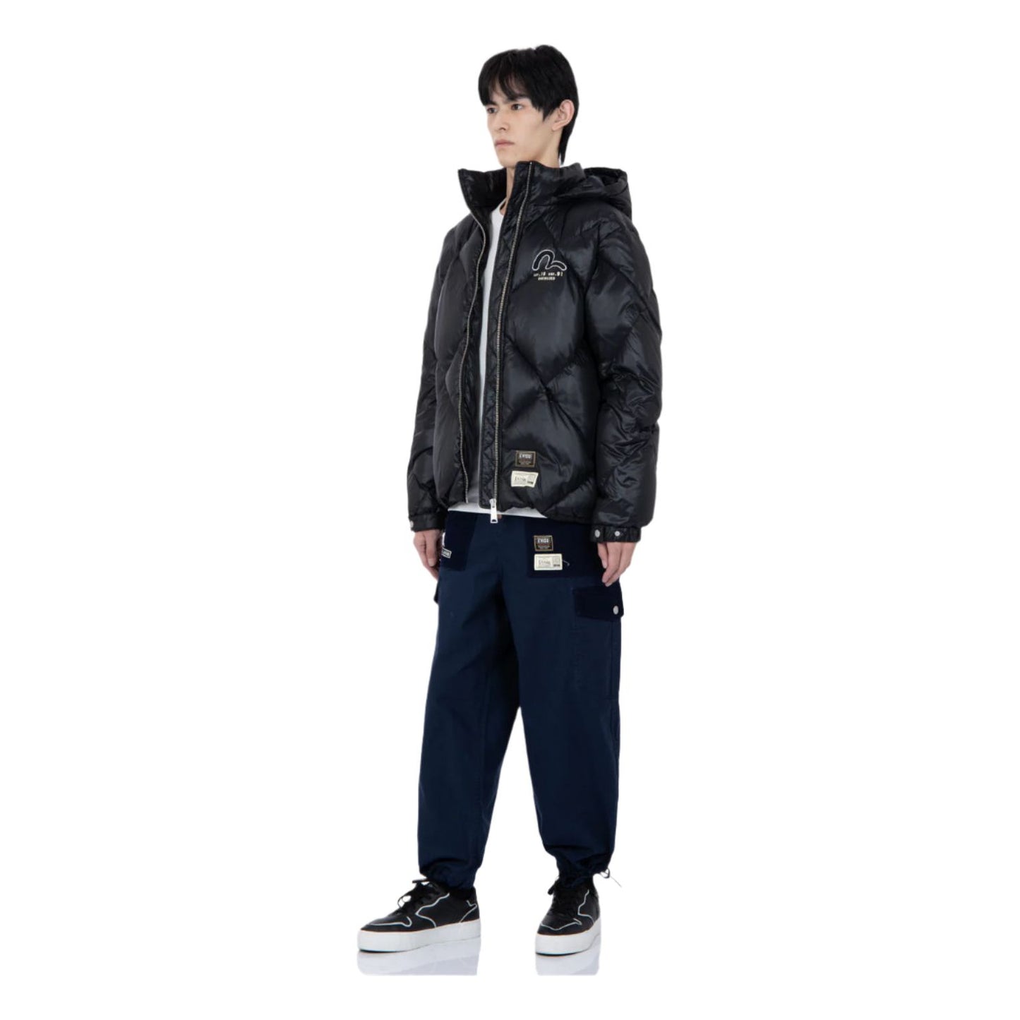 Evisu Logo Print Diamond-Stitched Down Jacket