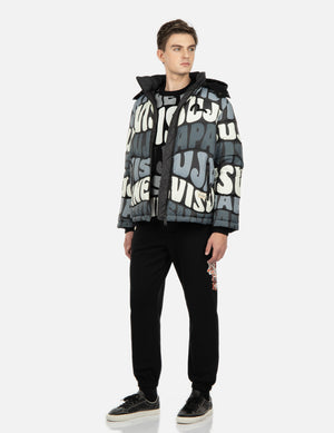 EVISU ALLOVER WAVY TEXT PRINT DOWN JACKET